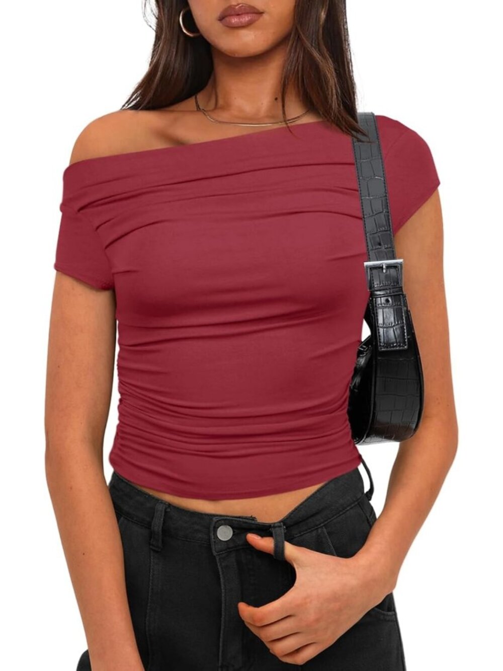 Women's Brick Red Cap Sleeve Neck Off Shoulder Top Slim Fit Summer Y2K Shirts